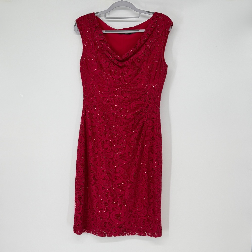 Lauren Ralph Lauren Red Lace Sequin Midi Dress 8 Cocktail Party